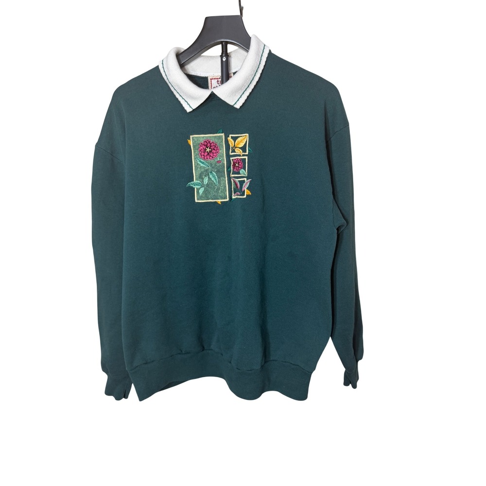 Vintage Top Stitch Morning Sun Forest Green Floral Embroidered Polo Sweatshirt L